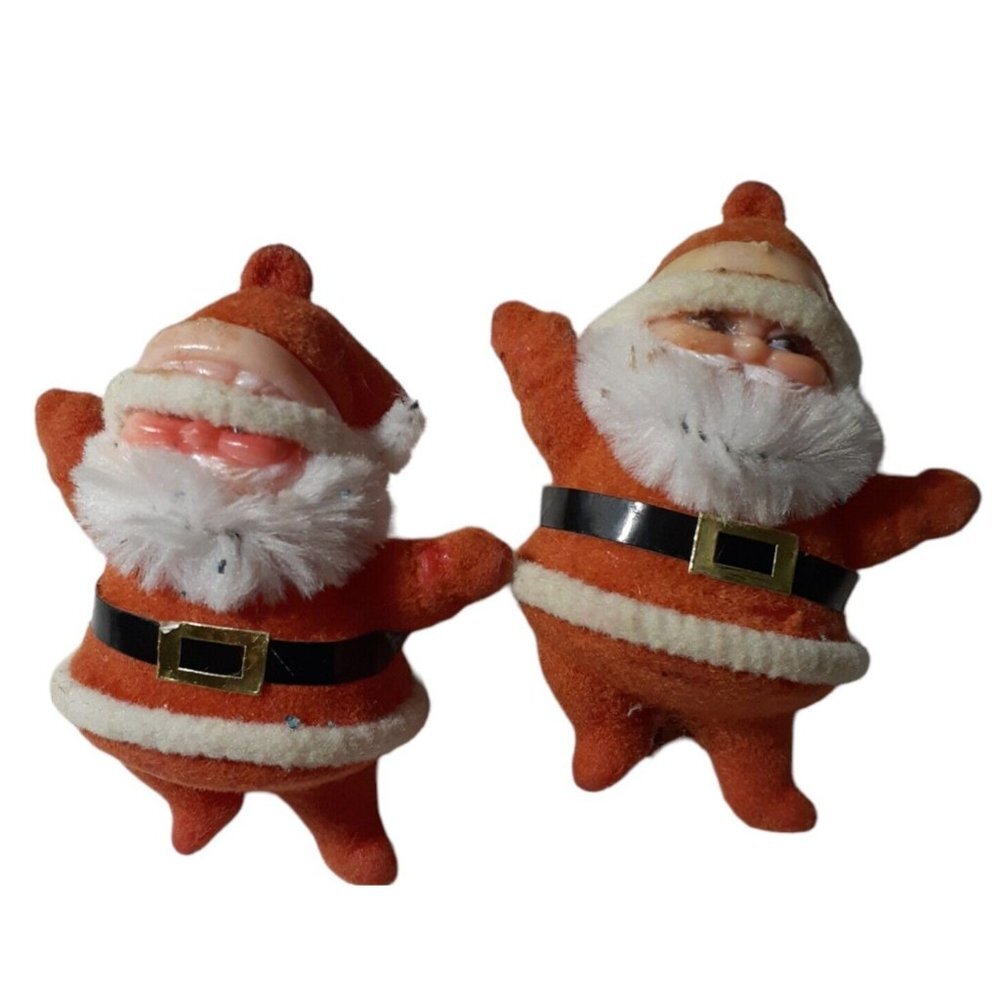 Vintage Lot of 2 Flocked Santa Floral Picks Faded Crafting Supply